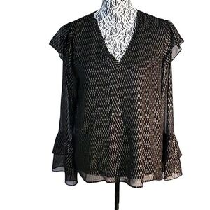 A NEW DAY Sheer Blouse V-Neck Ruffle Sleeve Party Top Black Gold Sparkle M flowy